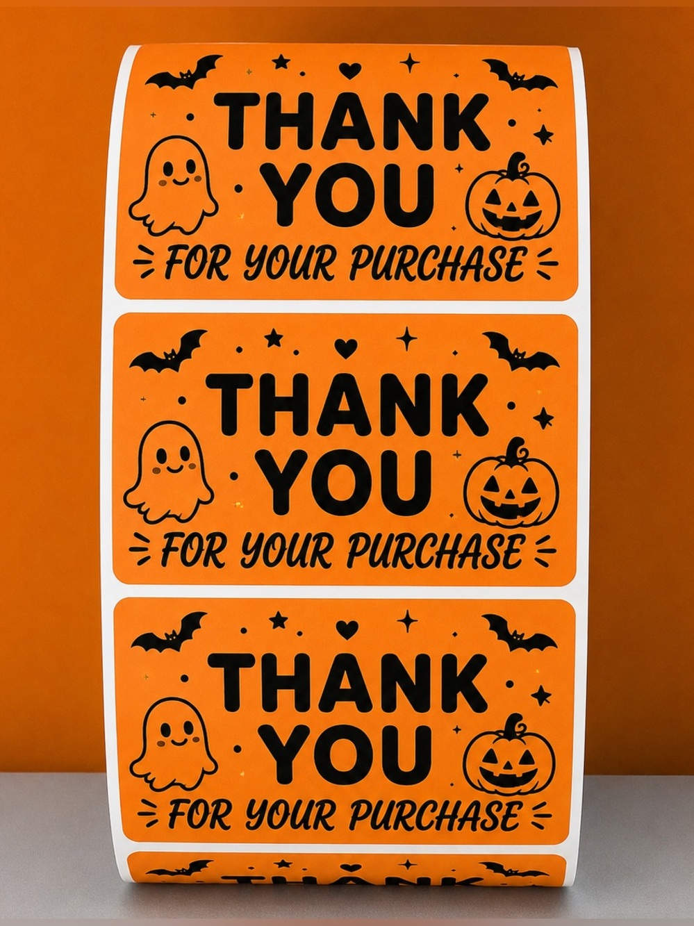 100 Orange Spooky Halloween Thank You Stickers 2"x1" Ghost Pumpkin Order Labels